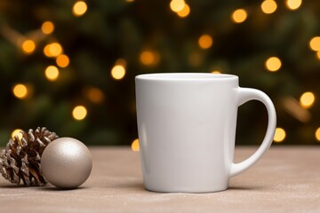 Fototapeta premium Autumn theme white coffee mug mockup lights background with green 