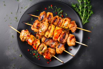 Grilled chicken shish kebab on skewers with vegetables, top view