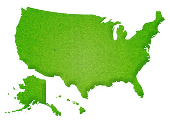 Map of United States of America made with crumpled kraft paper. Handmade map with recycled material. USA. EEUU Handmade map with recycled material. Green. Texture. Green. Green grass.