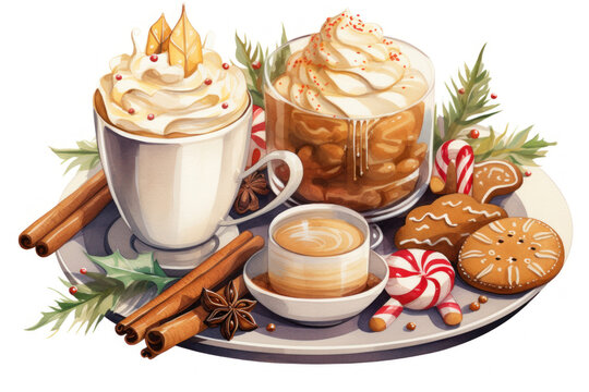Watercolor illustration of two cups of cappuccino with whipped cream, gingerbread cookies, cinnamon sticks, star anise.