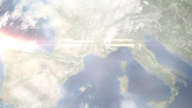 Zoom in from space and focus on Istres, France. 3D Animation. Background for travel intro. Elements of this image furnished by NASA	
