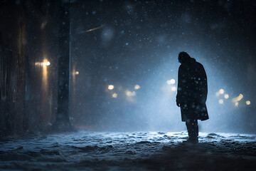 A lone homeless person trudges through a blizzard on a city street, with lights diffused by the heavy snow. - obrazy, fototapety, plakaty