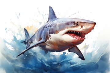 Naklejka premium watercolor Shark Hungry shark illustration with splash watercolor textured background