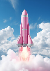 Cute pink rocket in the sky. Minimal pastel concept. Playful Space Exploration
