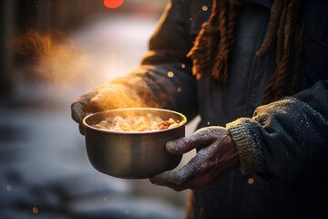 Steam rises from a bowl of soup held by frosty hands, a symbol of warmth on a frigid city evening.
