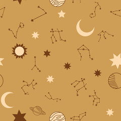 Magic seamless pattern with constellations, sun, moon, magic eyes, clouds and stars. Mystical esoteric