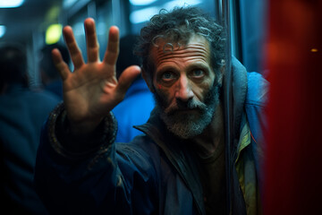 A homeless man presses his hand against a bus window, gazing out, a picture of urban isolation at night.