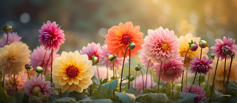 Spring bright background with beautiful multicolored dahlias in sunset light