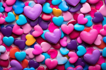 Fototapeta premium Colorful rainbow love heart pattern illustration. Diverse hearts background print. Valentine's day holiday backdrop texture.