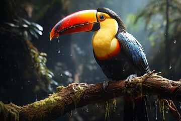 Toucan tropical bird sitting on a tree branch in natural wildlife environment in rainforest amazon...