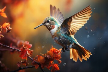Flying hummingbird in tropical forest near the flowers - obrazy, fototapety, plakaty