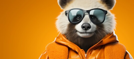 Panda in sunglasses and hat, studio shot, travel concept with pastel background and copy space