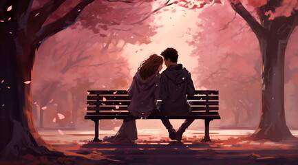 Fototapeta na wymiar Couple lovers on bench in park, under tree. Valentine's day illustration