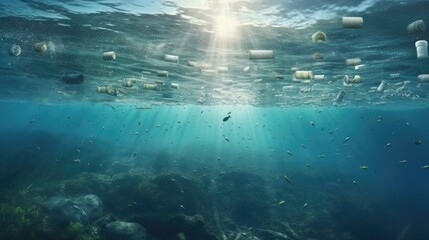 Fototapeta na wymiar Plastic bottles and waste washed up on a beach. Micro plastic sea pollution. Generative AI