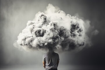 Head in the clouds exploring depression, addiction, loneliness, and mental health in a studio shoot