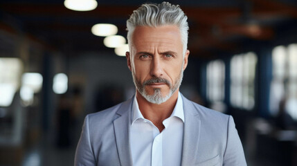 Obraz premium Mature businessman looking at camera while standing in modern building.