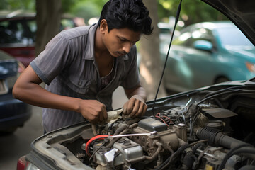 Fototapeta na wymiar young man is a car mechanic in India repairing a car. small business in India