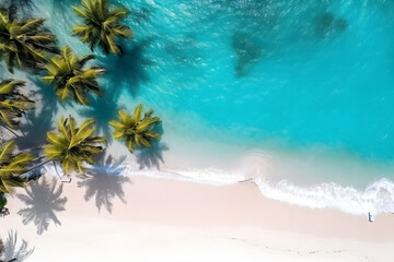 Fototapeta na wymiar top view of the beautiful tropical blue lagoon, sandy beach and palm trees