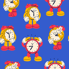 Various Alarm clocks. Cute funny mascot with face. Hand drawn trendy Vector illustration. Cartoon style wake up clock characters. Poster, print, wallpaper template. Square seamless Pattern - 679710328