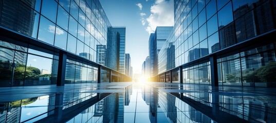 Glass skyscrapers stunning architectural view of modern construction reaching for the blue sky