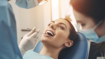 portrait of young woman with open mouth lying in dentist chair - obrazy, fototapety, plakaty