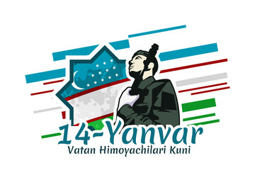 Translation: January 14 is Day of Defenders of the Motherland. Happy Uzbek Army Day vector illustration. Suitable for greeting card, poster and banner.
