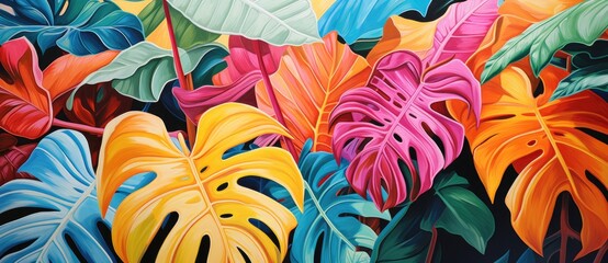 Tropical Paradise: A Vibrant Painting of Colorful and Lush Tropical Leaves