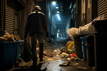 Quiet Desperation: Solitary Man Walks Through a Littered Alley, a Harsh Reality of Urban Survival and Homelessness