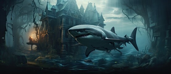 A Majestic Shark Surrounded by the Tranquility of a Coastal Home Created With Generative AI Technology