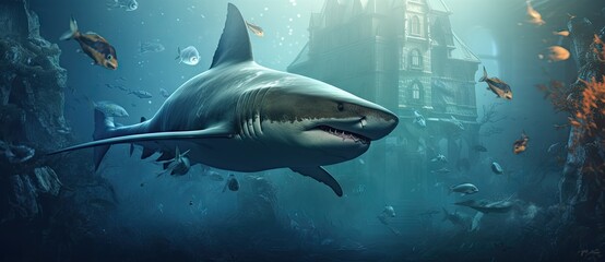 A Majestic Shark Gliding Through the Ocean Towards a Castle on the Horizon Created With Generative AI Technology