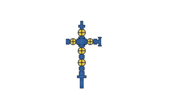 Color line drawing showing a wellhead christmas tree with valves and flanges