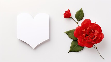  a white paper heart and a red rose on a white background with a green leaf and a red rose on the left side of the heart.