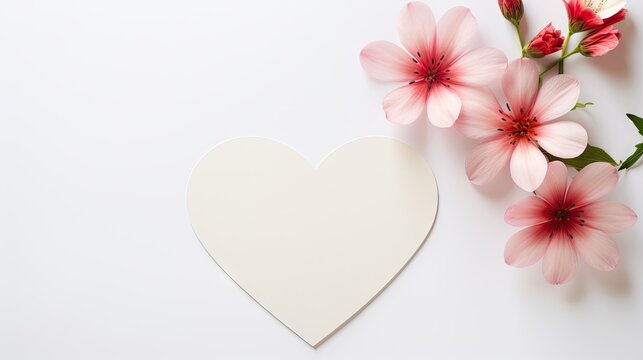  a paper heart next to pink flowers on a white background with a blank card in the middle of the image.