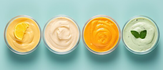 Four Varieties of Mayonnaise From Mild to Spicy - obrazy, fototapety, plakaty