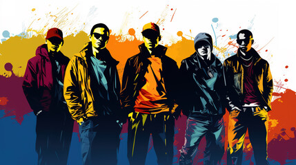 Illustration of cool looking group of gangsters or mafia in mixed grunge color pop art style. - obrazy, fototapety, plakaty