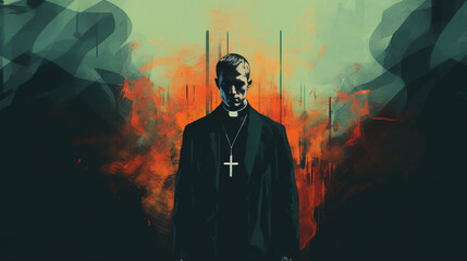 Illustration of cool looking Christian priest or pastor in mixed grunge color pop art style.