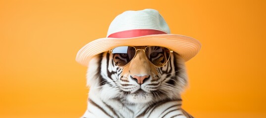 Tiger in sunglasses and hat, studio shot, travel concept, pastel solid color background, copy space.