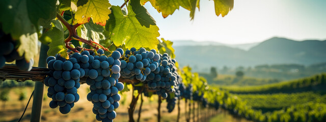 selective focus of ripe grapes hanging from a vine (Vitis vinifera) in an expansive vineyard with...