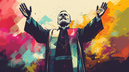 Illustration of cool looking Christian priest or pastor in mixed grunge color pop art style.