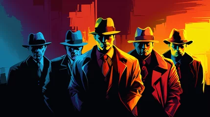 Rolgordijnen Illustration of cool looking group of gangsters or mafia in mixed grunge color pop art style. © Tepsarit