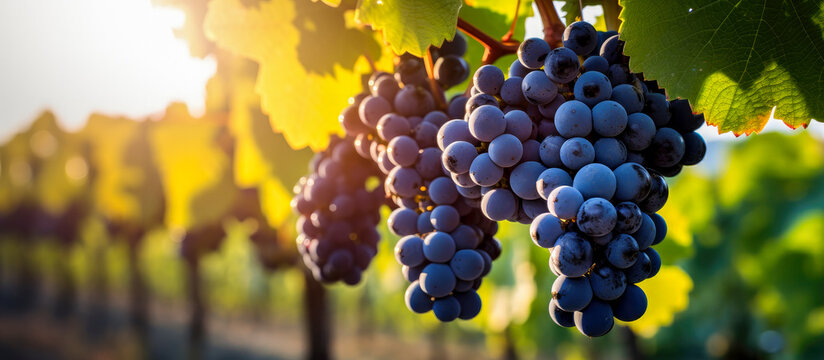 selective focus of ripe grapes hanging from a vine (Vitis vinifera) in an expansive vineyard with blurred background
