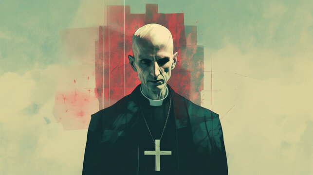 Illustration of cool looking Christian priest or pastor in mixed grunge color pop art style.