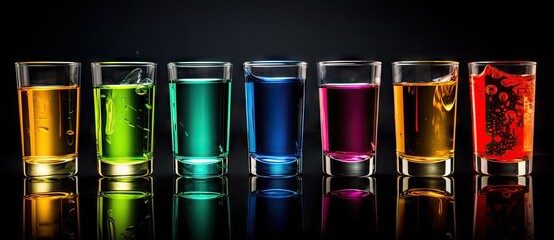 A Vibrant Array of Glasses Filled With a Multitude of Colored Liquids - obrazy, fototapety, plakaty