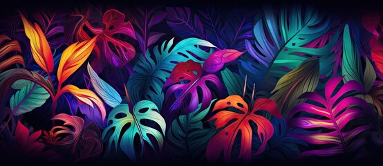A Vibrant Oasis of Color: Tropical Leaves Dancing Amidst the Darkness