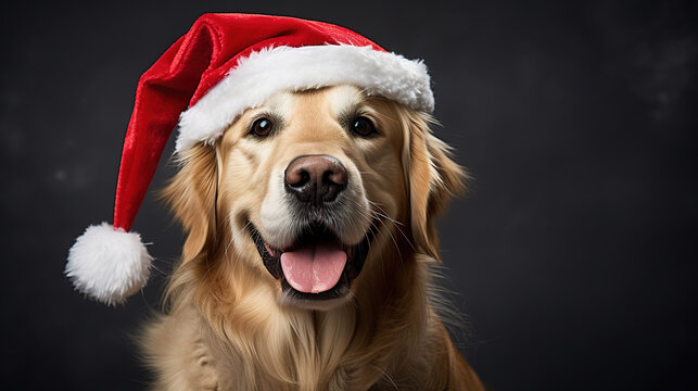 Cool looking golden retriever dog wearing santa hat isolated on clean background.