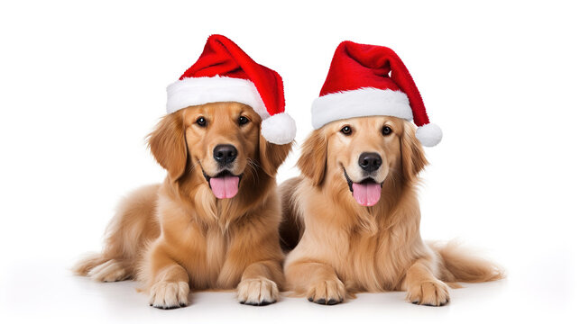 Cool looking golden retriever dogs twin wearing santa hat isolated on clean background.