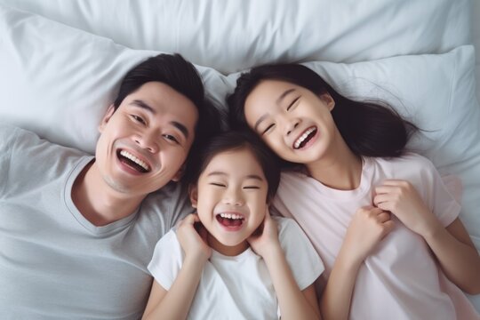 Portrait of Asian family lying on bed. Top view of mom, dad and child.