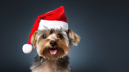 Cool looking yorkshire terrier dog wearing santa hat isolated on clean background.