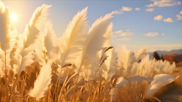 Pampas grass moving in the wind with sunrays. Close up Grass swings in the wind. plants slowly move in the wind. slow motion beautiful boho design with sunlight