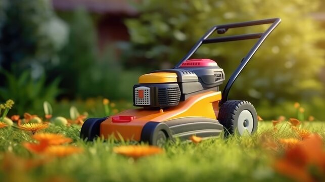 Generate a photography of lawnmower on grass
